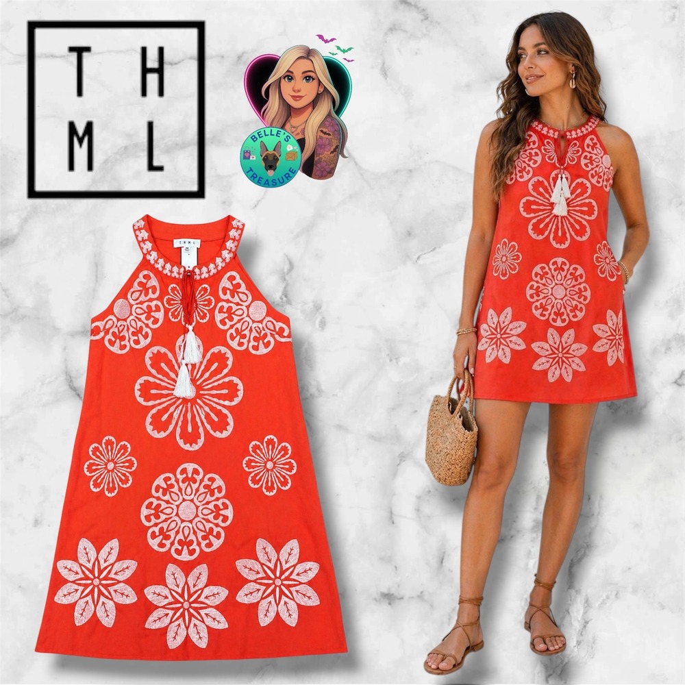 THML Women XS Orange Floral Embroidered Halter Tassel Mini Dress Tropical Resort